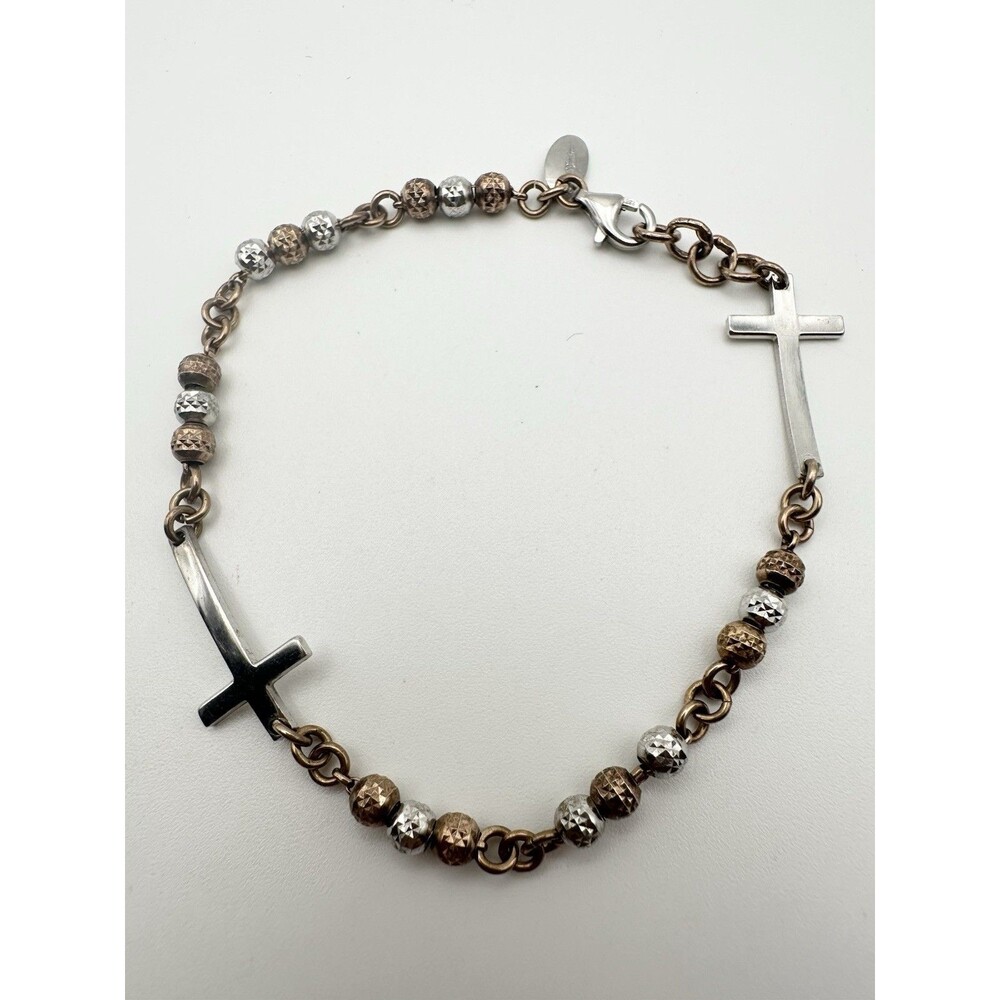 Dyadema Sterling Silver Rose Gold Hammered Bead Cross Charm Bracelet 7.75ā